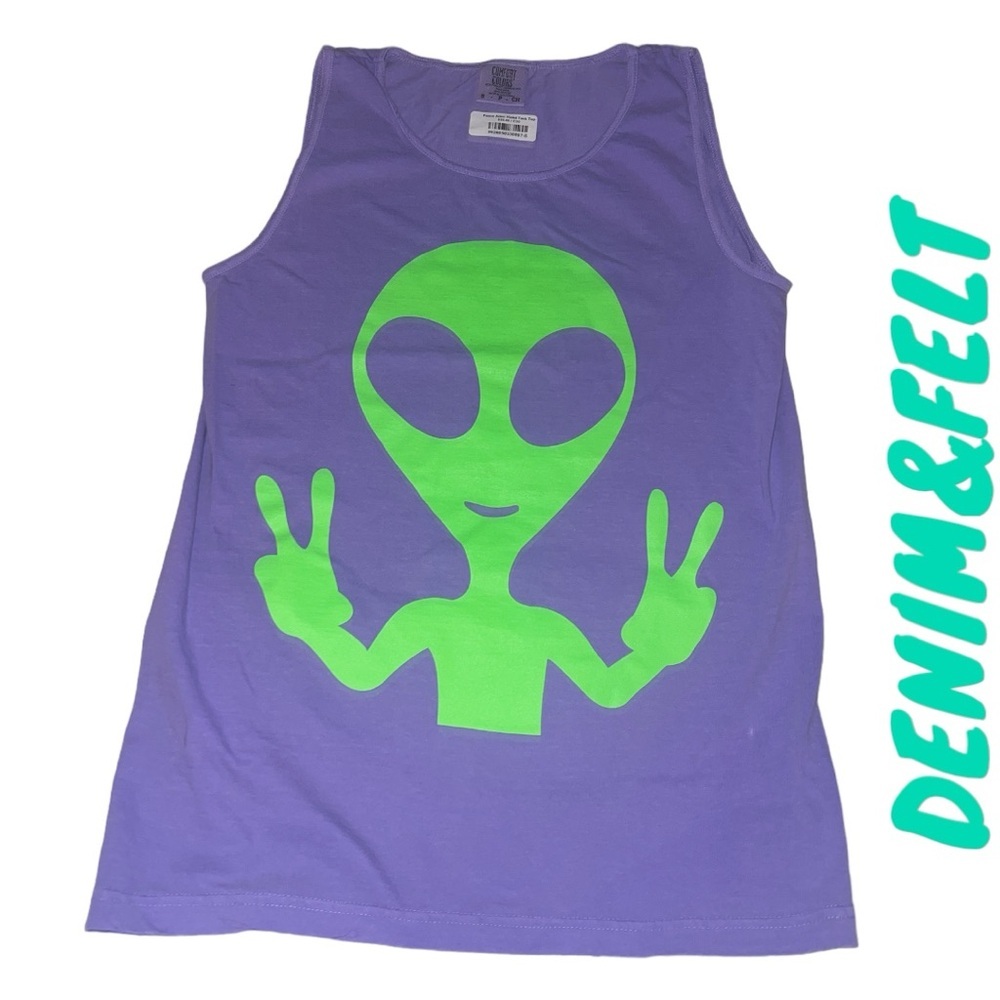 NWT ALIEN Purple Neon Green Workout Stretch Muscle Screenprint Peace Tank Top M - Picture 4 of 11